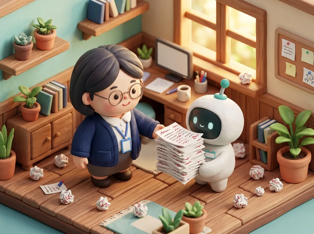 직장인이 빨간 펜 자국이 가득한 원고 묶음을 AI 로봇에게 돌려주고, 바닥에는 구겨진 종이가 흩어져 있는 클레이 일러스트