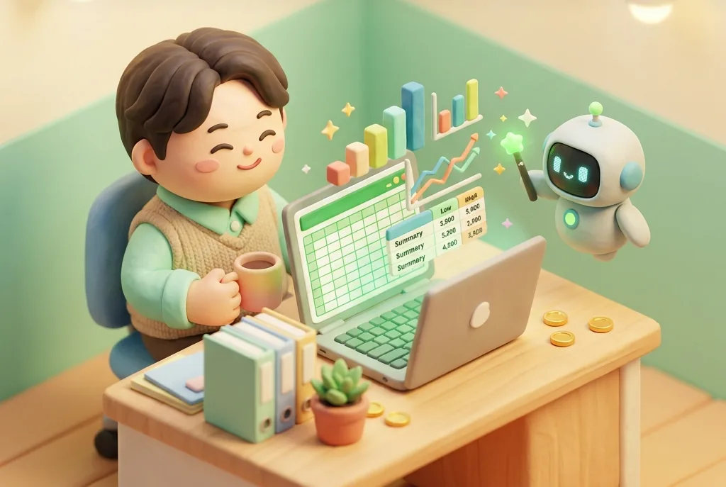 노트북의 엑셀 표를 보며 커피를 든 직장인과 옆에서 그래프를 띄우는 AI 로봇 클레이 일러스트