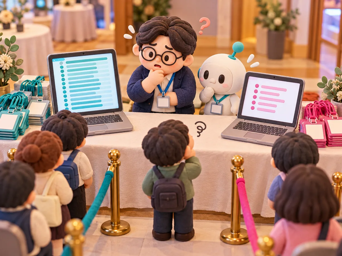 접수대의 노트북 두 대에 서로 다른 길이의 명단이 떠 있고, 줄 선 손님과 직장인이 어리둥절해하는 클레이 일러스트