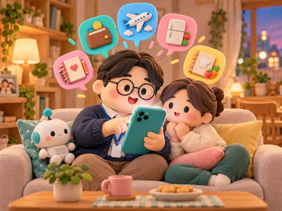 소파에 나란히 앉은 부부가 휴대폰 속 가족 앱을 보고, 그 위로 가계부·여행·냉장고·일기장·요리책 아이콘이 말풍선으로 떠 있는 클레이 일러스트