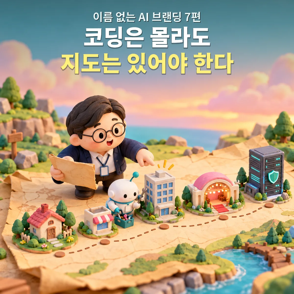 개발 단계를 뜻하는 집·가게·빌딩·행사장·서버가 길 위에 늘어선 지도 앞에서, 직장인과 AI 로봇이 다음 목적지를 가리키는 클레이 일러스트