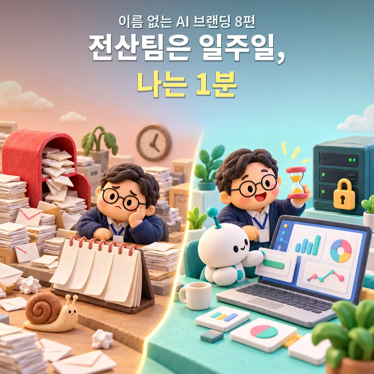 왼쪽에는 요청서 더미와 달팽이 옆에서 기다리는 직장인, 오른쪽에는 AI 로봇과 함께 대시보드를 바로 고치며 모래시계를 든 직장인이 대비되는 클레이 일러스트