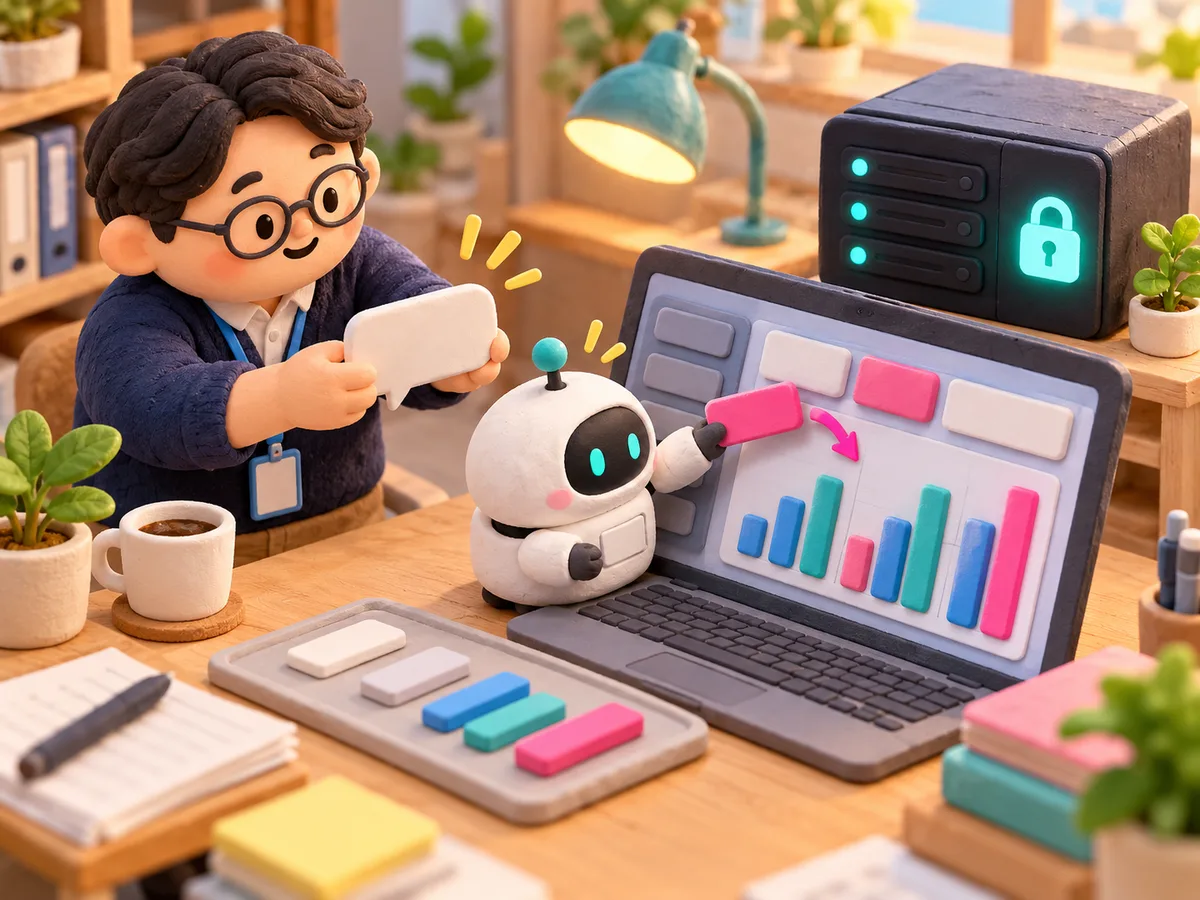 직장인이 말풍선으로 수정할 내용을 건네고, AI 로봇이 노트북 속 대시보드의 막대를 바로 옮겨 붙이는 클레이 일러스트. 뒤쪽 서버에는 자물쇠가 걸려 있다